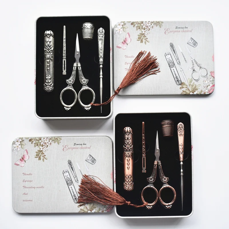 

Retro Vintage Scissors Needle Case Awl Threader Thimble Iron Box Cross Stitch Embroidery Sewing Scissors Sewing Tailor Scissors