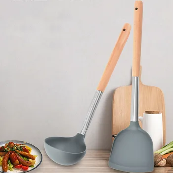 

Silicone Cooking Utensils Heat Resistant Wooden Handle Non-Stick Spatula Spoon Kitchen Cooking Tools Gadget Kitchenware