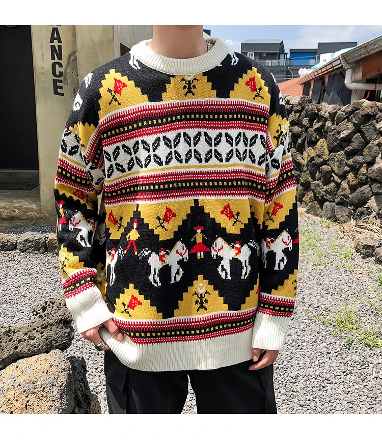 Winter Men's Red Blue Yellow Color Loose Pullover Round Neck Printing Knitting Keep Warm Man Sweater High-quality Coat M-2XL