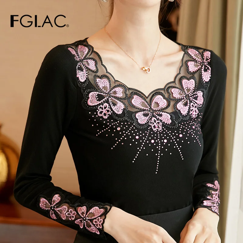 Koop Blusas mujer de moda 2019 Herfst lange mouw Geborduurde Mesh tops Fashion casual Diamond blouse shirt plus size