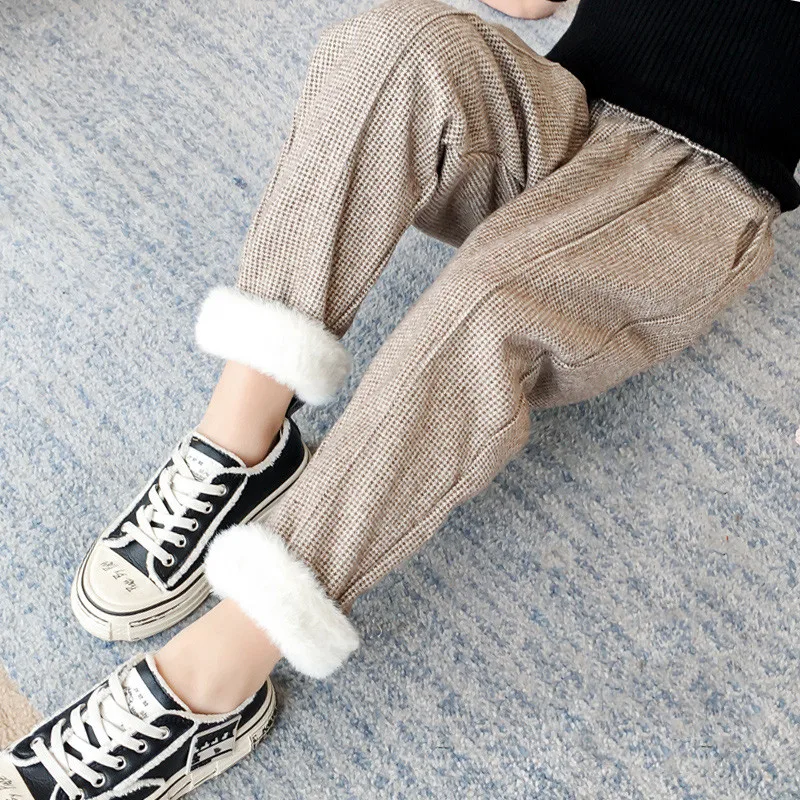 

Girls Pants Cotton Warm Plaid Harem Pants Elastic Waist Plus Velvet Casual trousers Fashion Winter check Kids Children's Clothes