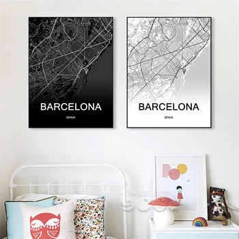 

Black and White World City Map Barcelona City Map Spain City Custom Canvas Wall Art Poster Home Decor Pictures Prints