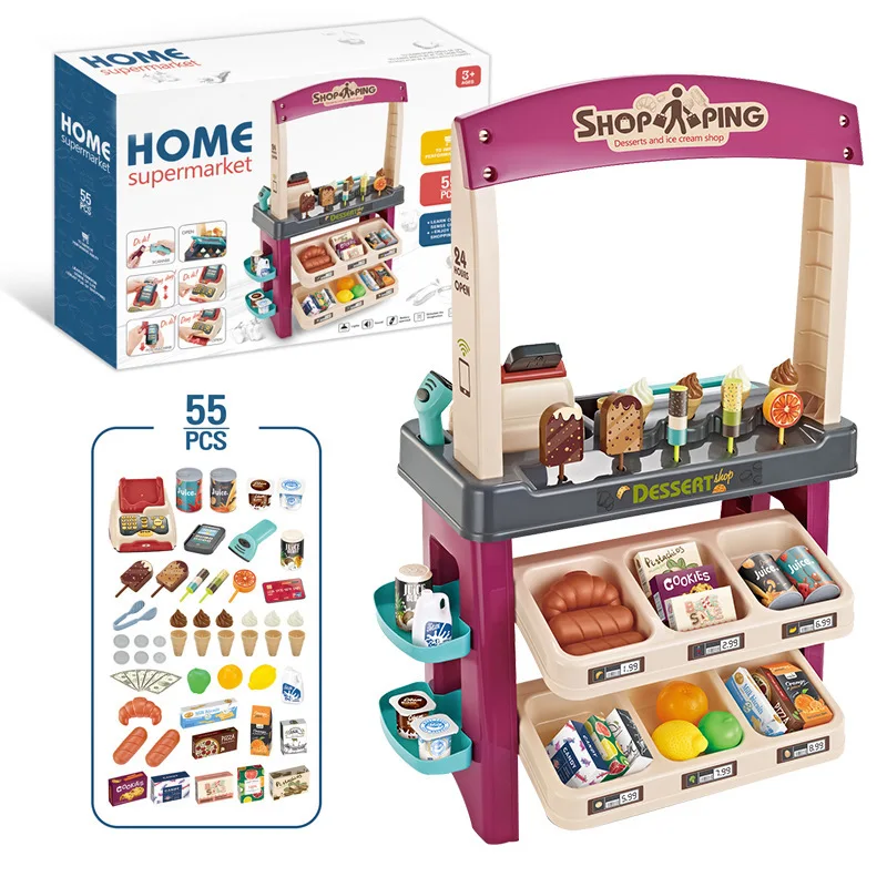 55pcs 66874/75 Pretend Play Supermarket Home Table Shopping Cart Dessert Simulation Indoor Toys Ice Cream Cosplay ABS Baby Kids