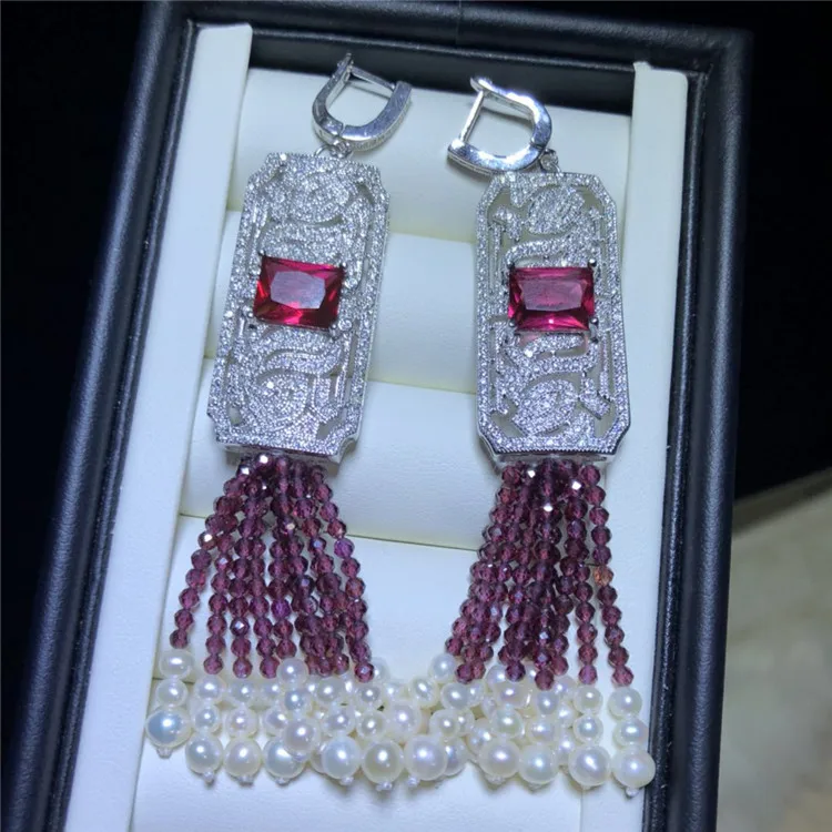 

2020 New Arrival Mini Freshwater Pearl With Chalcedony Tassel Style Earrings Vintage Red Rhinestones Earrings Jewelry Gifts