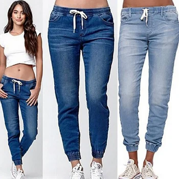 

New Women Summer Autumn Skinny Middle Waist Ladies Lantern Jeans Fashion Casual Drawstring Jeans Women