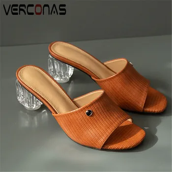 

VERCONAS 2020 Fashion Woman Sandals Woman Pumps Classic Design Summer Metal Decoration Round Toe Square High Heels Shoes Woman