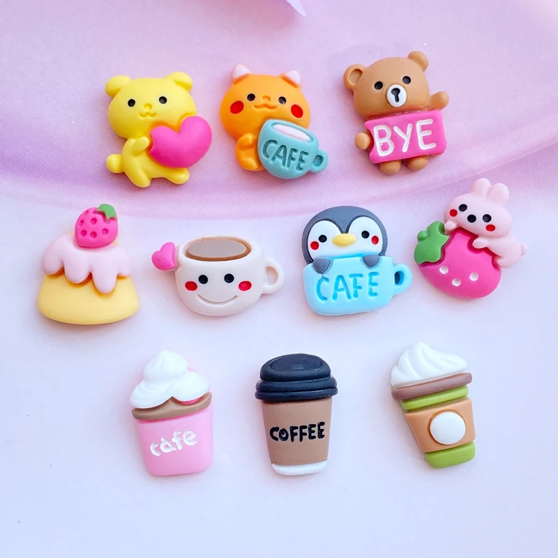 10Pcs New Mixed Lovely Cartoon Animals / Drinks Flat Back Resin Scrapbooking DIY Jewelry Craft Decoration Accessories
