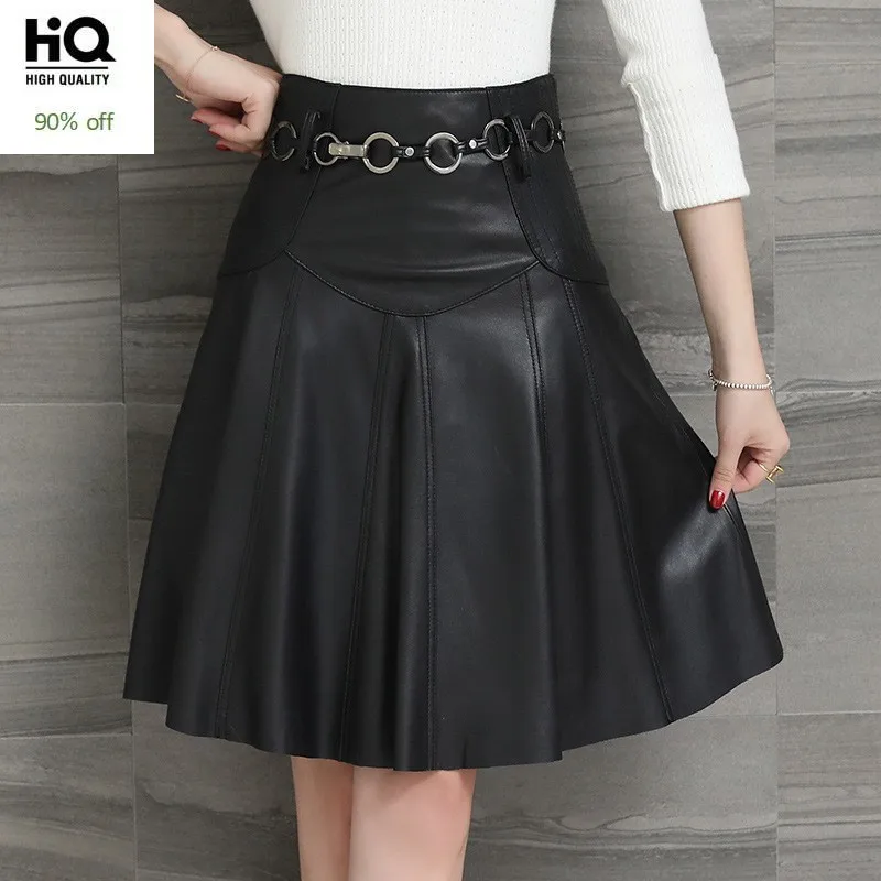 

Women Vintage Midi Skirt Design Genuine Leather Sheepskin Pleated Skirt OL Style A-Line Slim Fit Side Zip Wrap Skirt Femme M-3XL