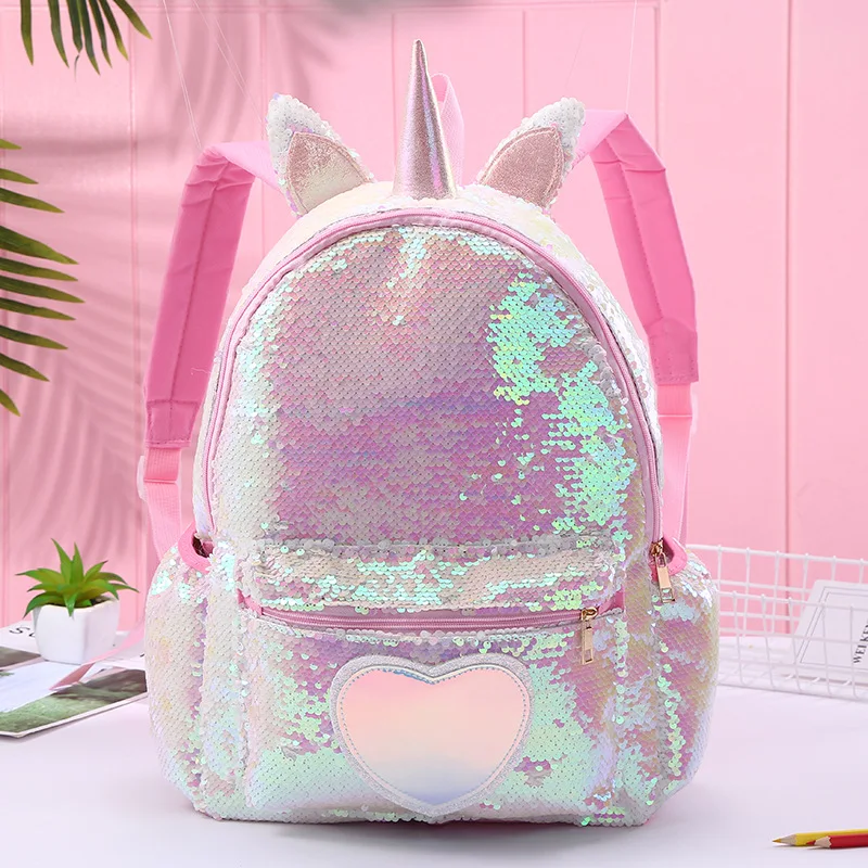 Розовый Рюкзак с блестками и единорогом для девочек, Детский Большой ранец с единорогом на молнии, Подростковый голограмма, сердце, любовь, рюкзак для школы, дорожная сумка - Цвет: Розовый