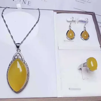 

S925 silver inlaid natural jade pendant ring earrings three piece set