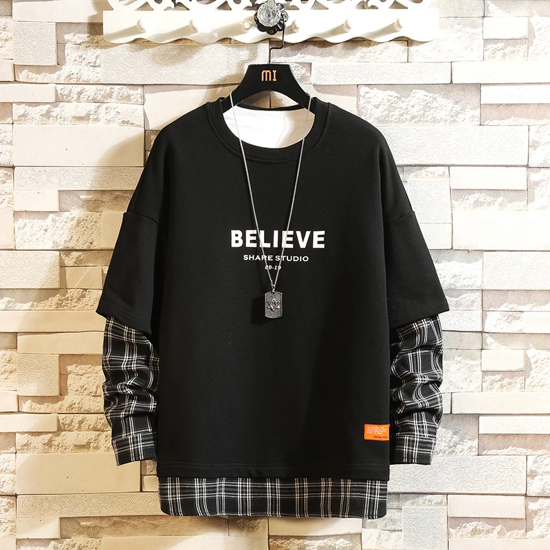 

UYUK2019 Autumn Loose Casual Trend Fake Two Piece Mosaic Lattice Round Neck Pullover Hoodies Streetwear Hip Hop Moletom