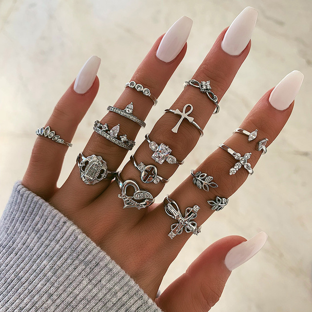 Crystal Geometry Knuckle Finger Ring Set For Women Eye Flower Leaves Charm Chain Rings Female Bohemia Jewelry