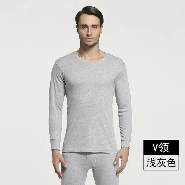 V- Light grey Зима, хлопок, круглый вырез, теплые кальсоны, набор для мужчин, ультра-мягкое однотонное тонкое термобелье, мужские пижамы, M-3XL - Цвет: V- Light grey