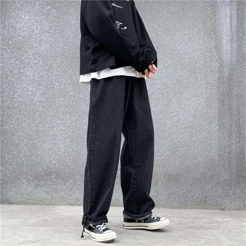 

Autumn Korean Style Straight Jeans Men's Fashion Retro Casual Drawstring Jeans Men Streetwear Loose Hip-hop Denim Trousers Mens