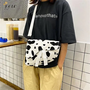 

New Women Canvas Bag Milk Cow Print Messenger Bag Female Shopping Bag High Quality Zipper Shoulder Bag Bag сумка женская большая