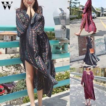

Womail Dress Women Boho long Sleeve Casual Half Sleeve Long Dress Floral Print Maxi Dress loose Elegant beach Vestido holiday