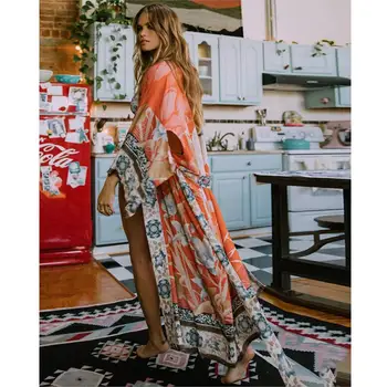 

Boho Summer Women Long Kimono Cardigan Floral Print Sashes Half Sleeve Loose Casual Jacket 2019 Vacation Beach Kimono Women Tops