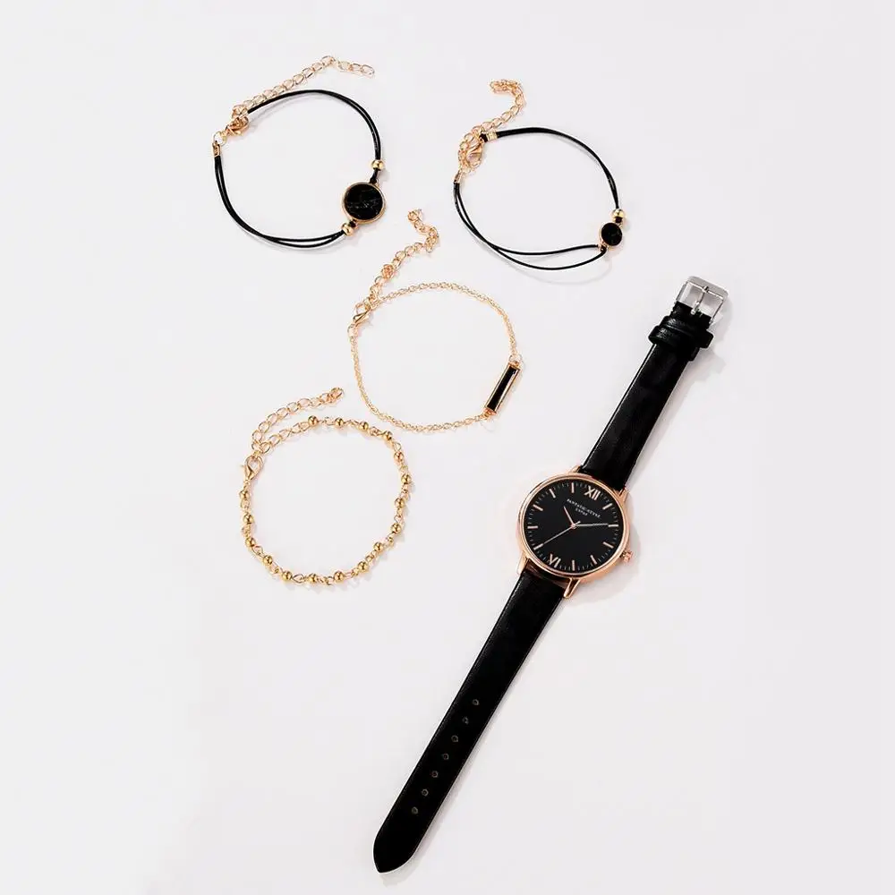 Роскошные 5 шт./компл. Лидирующий бренд Для женщин часы браслет комплект Для женщин часы Повседневное кожа кварцевые наручные часы Relogio Feminino
