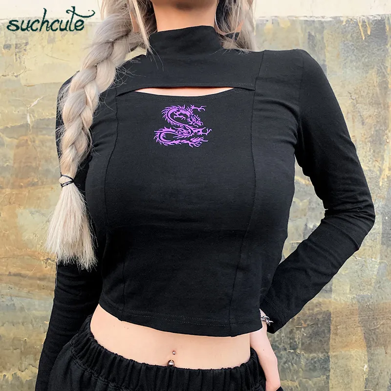 SUCHCUTE Dragon Print Женские футболки Modis Longslive Harajuku Gothic осень повседневные топы в Корейском стиле для женщин фестиваль