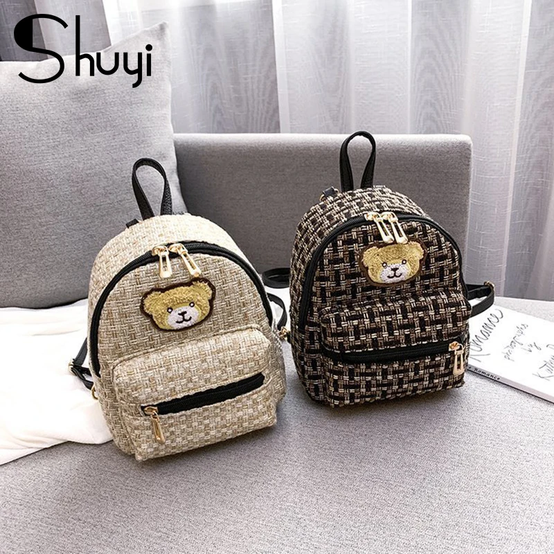 

Women's small backpack 2020 new fashion cartoon bear travel canvas woven backpack girl one shoulder diagonal girl school bagpack