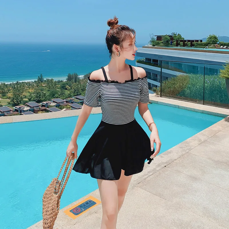 

Colaless Monokini One Piece Swimsuit Women Woman Swimwear Wholes Covering 2020 New Fairy Fan Sexy Korean Ins Striped Polyester