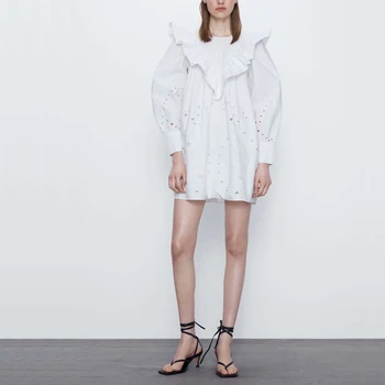 

Summer women's dress casual solid color ruffle decorative cutout embroidered dress vestidos