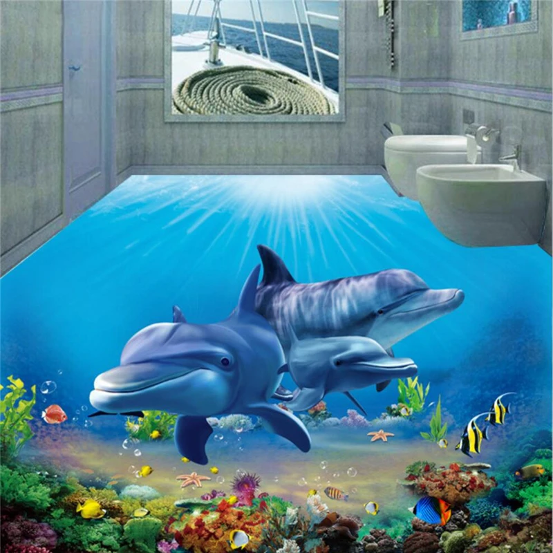 

beibehang Customized 3D Floor Fashion Underwater World Dolphin Wear-resistant Waterproof Thickening Self-adhesive PVC Mural