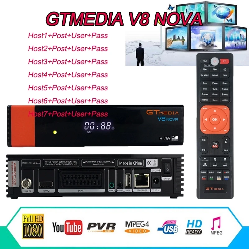 

GTMedia V8 Nova DVB-S2 Satellite Receiver Bulit in wifi 2Year Europe Spain 7 lines From Freesat V8 Super TV Receptor Satellite
