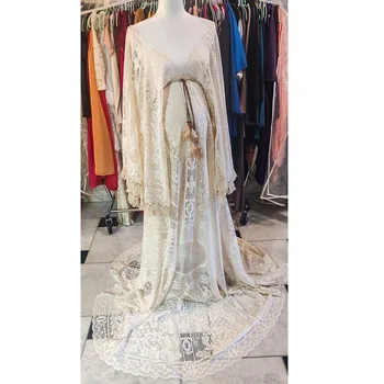 

Don&Judy Bohemia Lace Maternity Dress Long Sleeve V-neck Maternity Gown Photography Party Evening Dresses Photo Props for Shoot