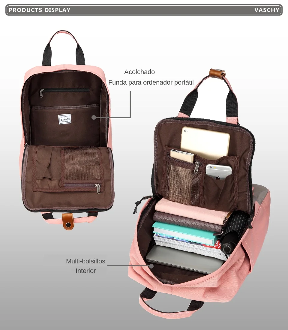 VASCHY Mochila escolar para mujer, bolso de viaje, para ordenador portátil, femenino