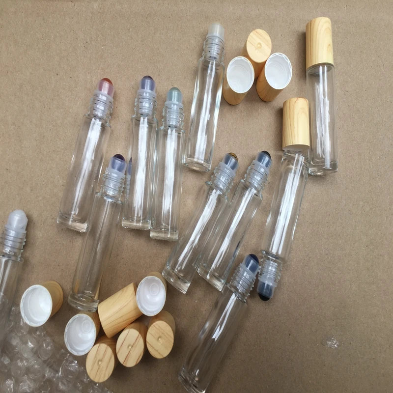 

100pcs 10ML Empty gem Roller bottles transparent Thick Essential Oil glass bottle gemstone jade crystal roller plastic cap