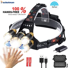 5000Lums сенсор налобный фонарь T6 Яркий Светодиодный Фонарь налобный фонарь Водонепроницаемый светодиодный налобный светильник вспышка светильник налобный светильник Перезаряжаемый 18650