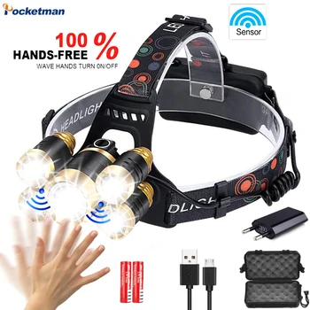 

5000Lums Sensor Headlamp T6 Bright LED lantern Head Lamp Waterproof LED Headlight Flashlight Head light rechargeable 18650