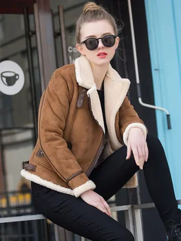 

Lamb Fur Cashmere Jacket Autumn Women Turn- Down Collar Short Motorcycle Faux Leather Suede Jacket Casual Thick Warm Coat