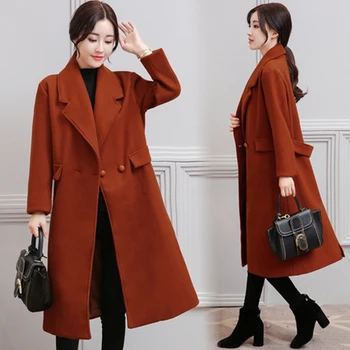 

Solid Long Winter Wool Blends Coat Women Plus Size Warm Turn-down Collar Pocket Jackets Female Korean Loose Cashmer Outerwears
