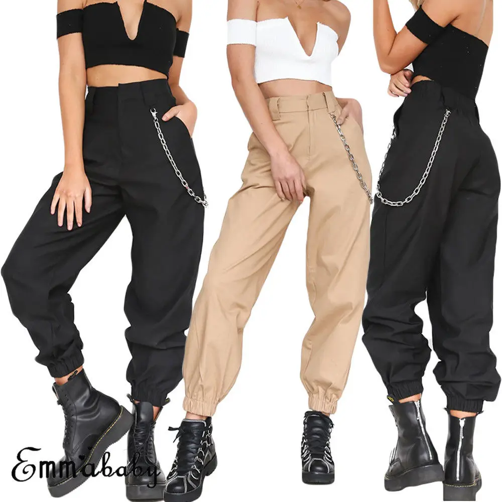 Pantalones Cargo para mujer y niña, pantalón informal de cintura alta, Patchwork, Color sólido, Punk, holgados, largos, deportivos, con cadena de talla grande