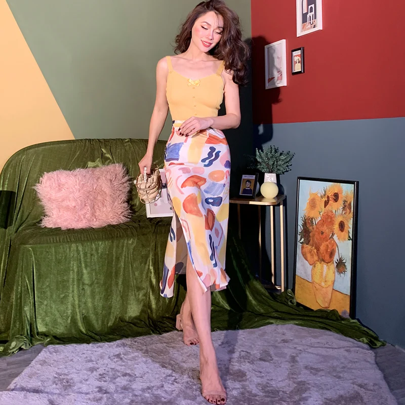 

2019 Summer Vintage Morandi Oil Painting Pattern High Waist Chiffon Fashion Street Style Skirt