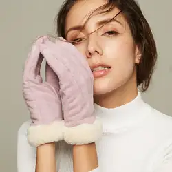 Женские осенне-зимние перчатки с сенсорным экраном, однотонная плюшевая манжета, теплые замшевые варежки с толстой подкладкой для
