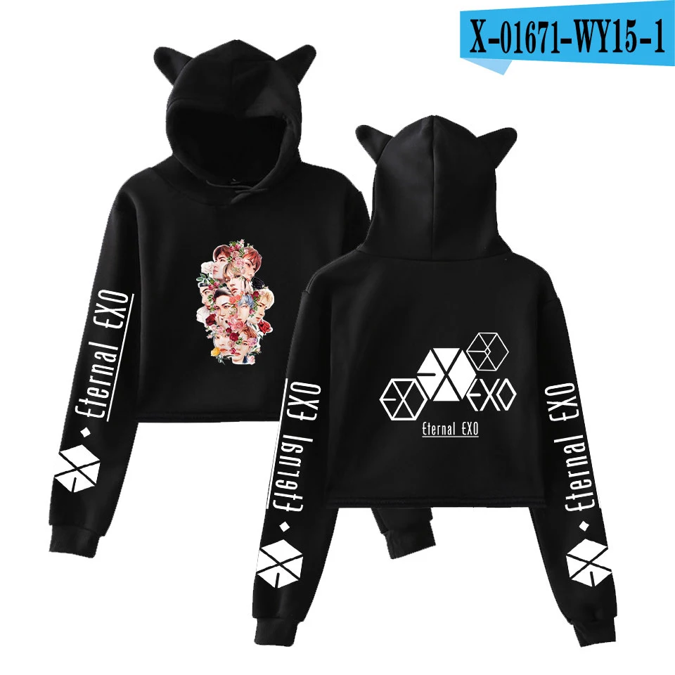 EXO Ablum Ulzzang Милая толстовка с кошачьими ушками Осенняя Женская Студенческая пуловеры Harajuku Повседневная укороченная Толстовка для женщин - Цвет: black
