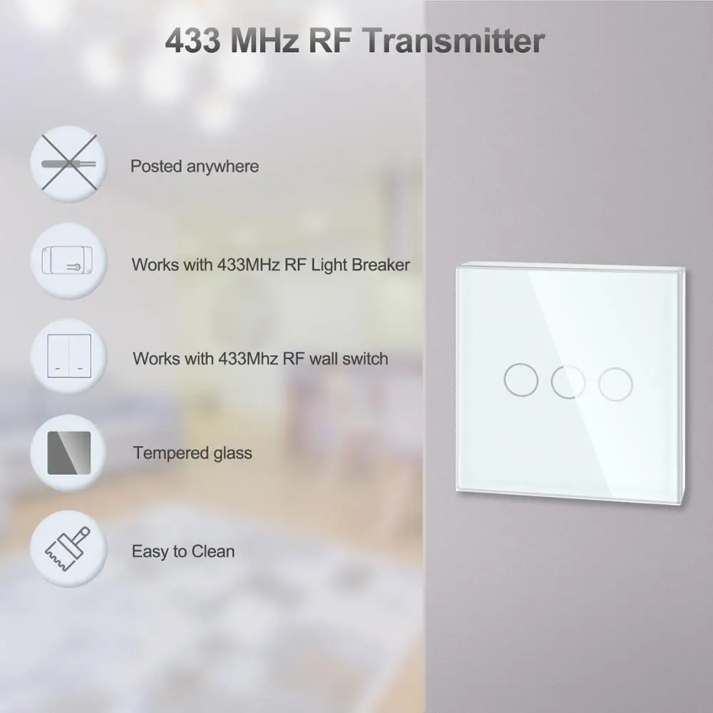 RF Touch Remote Controller 433Mhz Tempered Glass Panel Wireless Wall RF Transmitter 1/2/3 Gang Works with 433Mhz Receiver