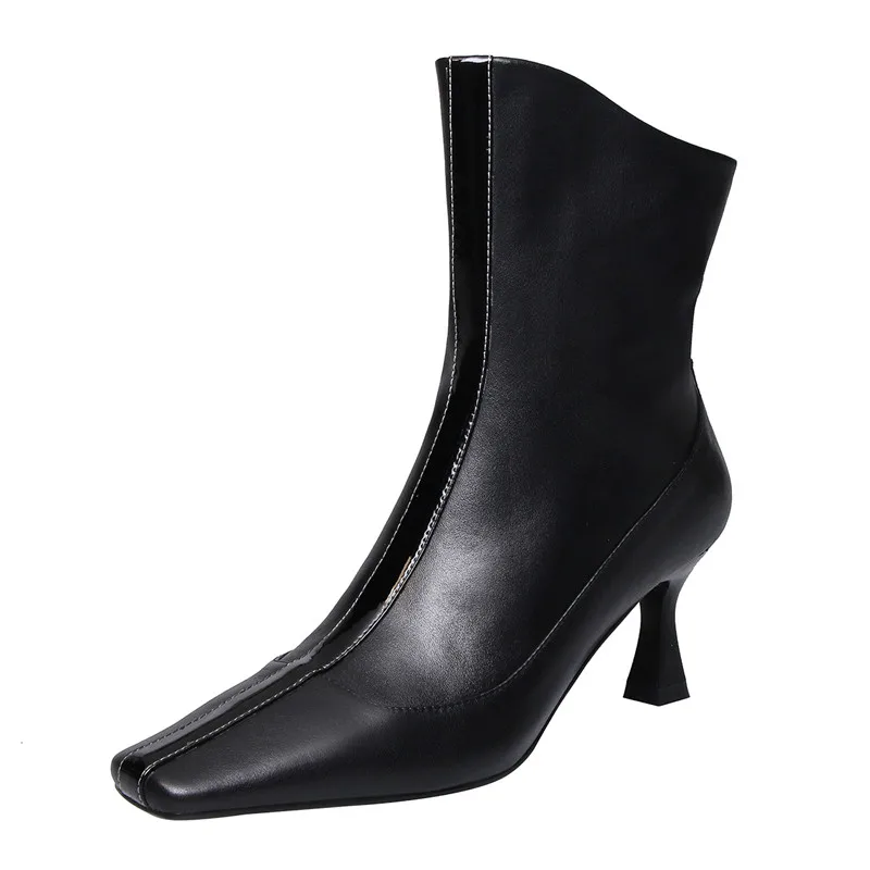 black with fur ASUMER/Новинка; модные ботинки из натуральной кожи; Ботильоны на молнии с квадратным носком; разноцветные ботинки на высоком каблуке; сезон осень-зима; женская обувь; коллекция года - Цвет: black with fur