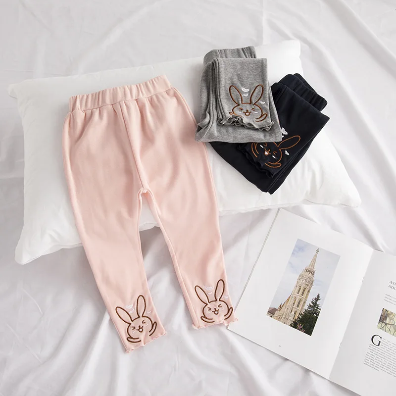 Thunderers Spring Autumn Kids Girl Pants Colorful Embroidery Rabbit Girl Long Trousers Cute Cotton Children Costume 24M-6T