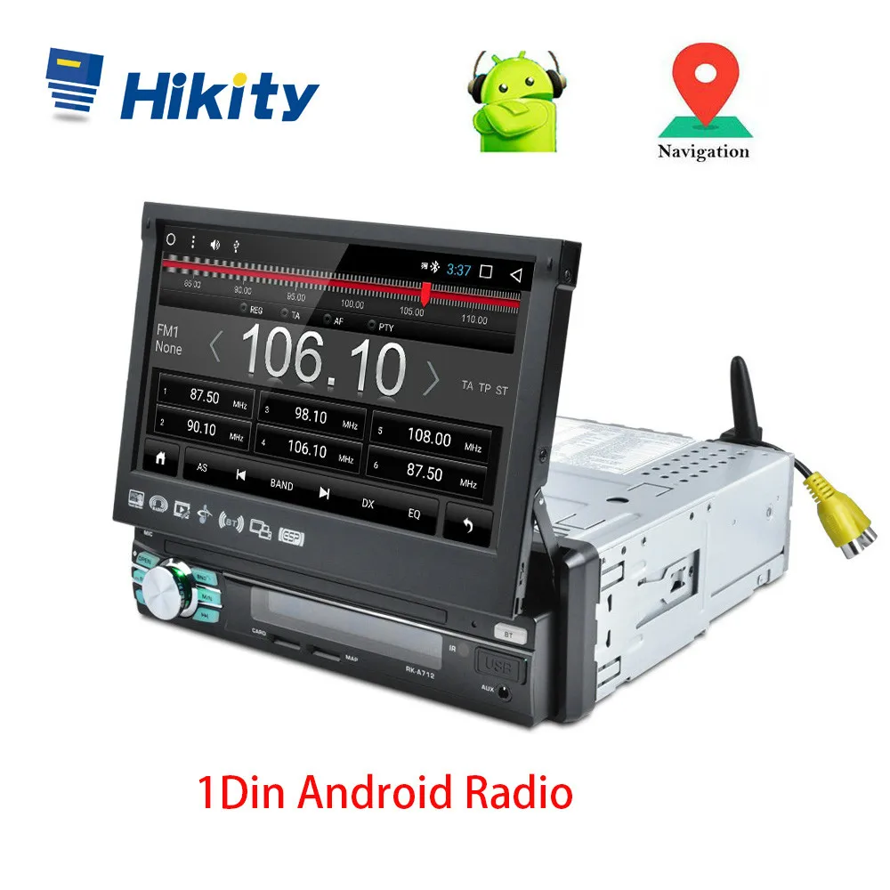 Hikity 1 din Android Car Radio GPS Navigation Retractable Screen WIFI Bluetooth Stereo FM Radio Mirror Link Support Camera