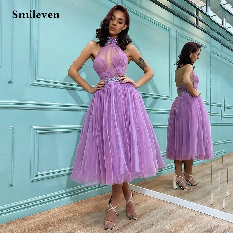 

Smileven, короткое Тюлевое платье с буфами, искусственное платье для выпускного вечера с высоким воротом без рукавов, вечерние платья длиной ниже колена