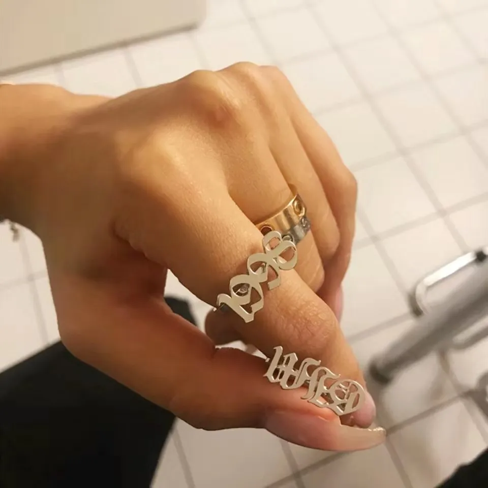 Personalized Gothic Old English Number Rings For Women Wedding Jewelry Accessories Rose Gold Silver Stainless Steel Year | Украшения и