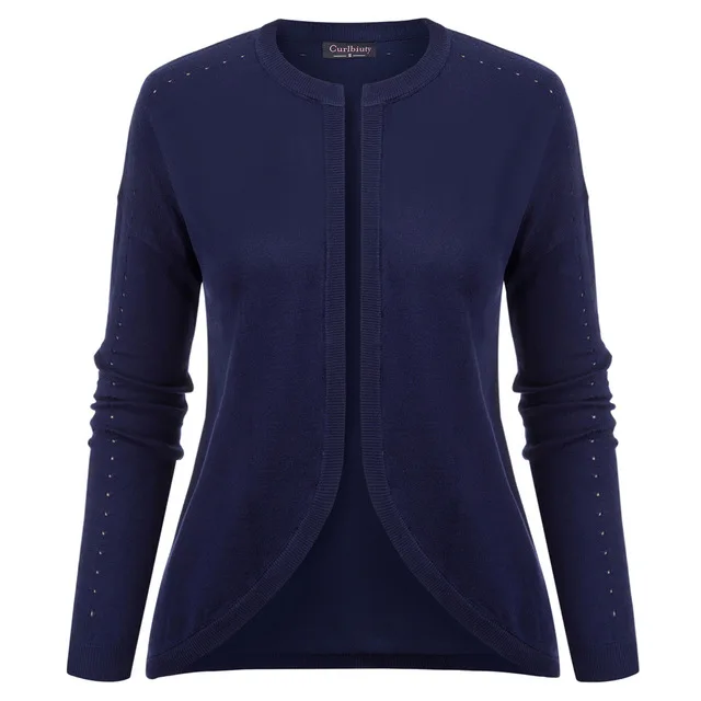 Navy Blue Модное пальто для женщин, длинный рукав, спущенные плечи, женские топы, неровный подол, открытый перед, выдолбленный дизайн, трикотаж - Цвет: Navy Blue