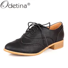 Odetina New Women Vintage Lace Up Classic Wingtip Oxford Shoes Ladies Brogues Casual Flat Heel Derbies Shoes Fashion Round-Toe