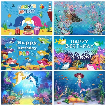 

Laeacco Shark Birthday Backdrops For Photography Baby Cartoon Fish Shell Bubble Party Portrait Photo Backgrounds Photo Studio