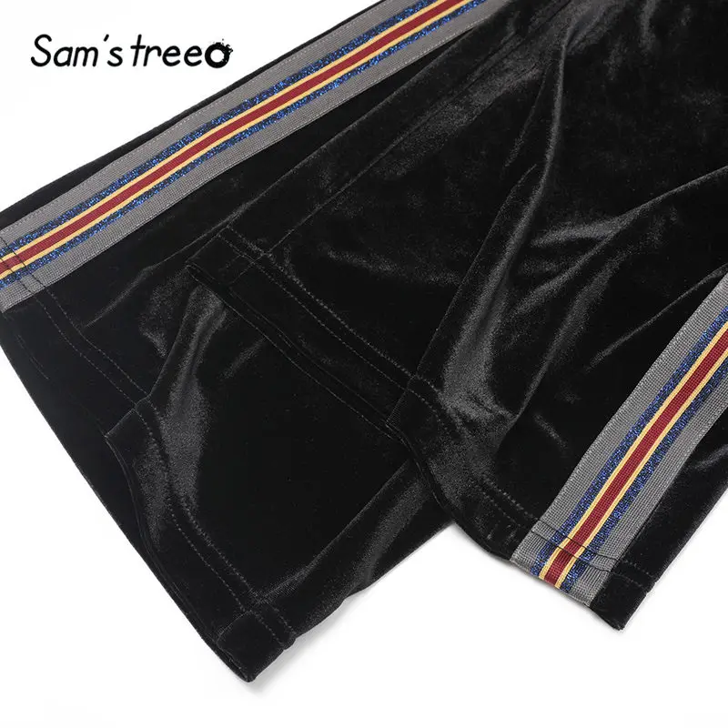 SAM'S TREE/черные одноцветные штаны с высокой талией для женщин, зимние Бархатные полосатые Лоскутные прямые женские повседневные брюки