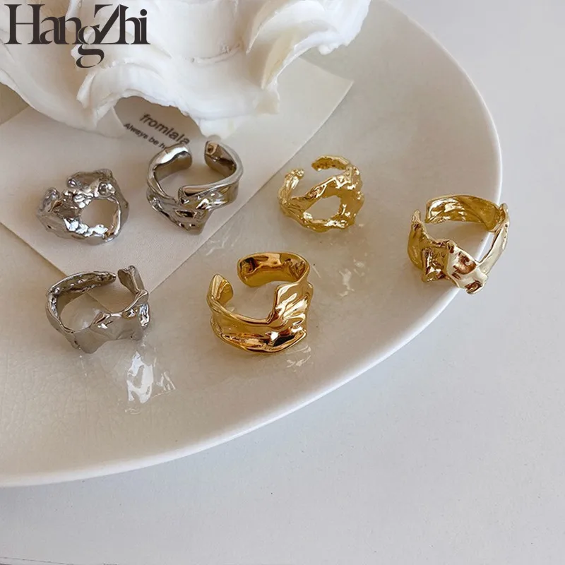 

HANGZHI 2020 New Design Geometry Irregular Lava Texture Hollow Bump Gold Color Plated Metal Rings for Women Man Girls Jewelry